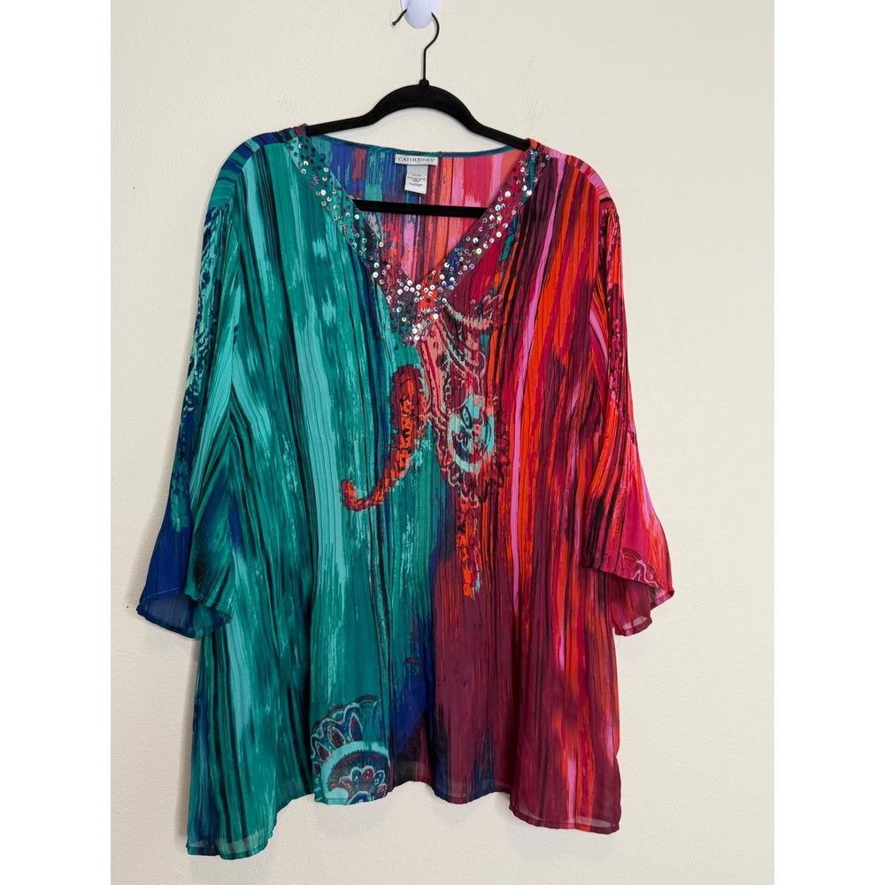 Catherines 1XWP Petite Plus Sequin V-Neck Abstract Paisley Crinkle Blouse Top